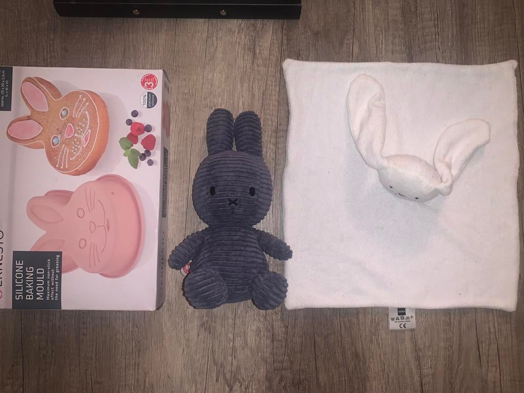 Leuke knuffels en bakvorm - Konijn thema, Ophalen of Verzenden, Zo goed als nieuw, Konijn