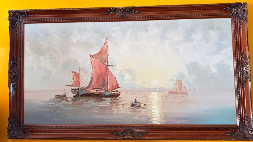 Groot Olieverfschilderij op Canvas Zeilboten met Rode Zeilen, Antiek en Kunst, Kunst | Schilderijen | Klassiek, Ophalen of Verzenden