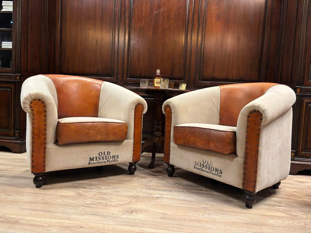 Club Fauteuils Schapenleer Canvas, Huis en Inrichting, Fauteuils, Ophalen, Gosem engelstaat, Gebruikt, Info@chesterfieldjunkie.nl