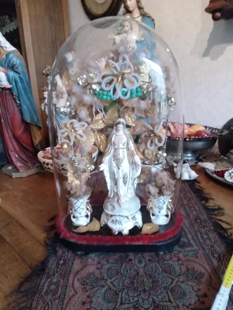 Andenne MARIA onder ovalen antieke glazen stolp, Ophalen of Verzenden