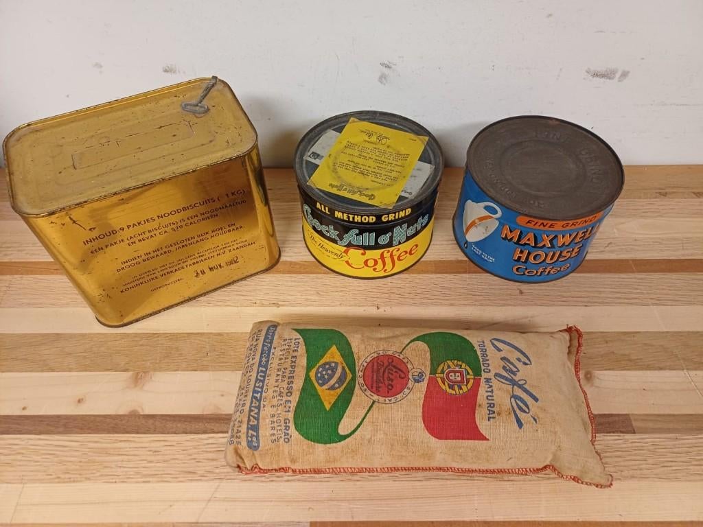 3 Vintage (coffee) blikken & Koffiezak met inhoud, Verzamelen, Blikken, Ophalen of Verzenden, Zo goed als nieuw, Overige