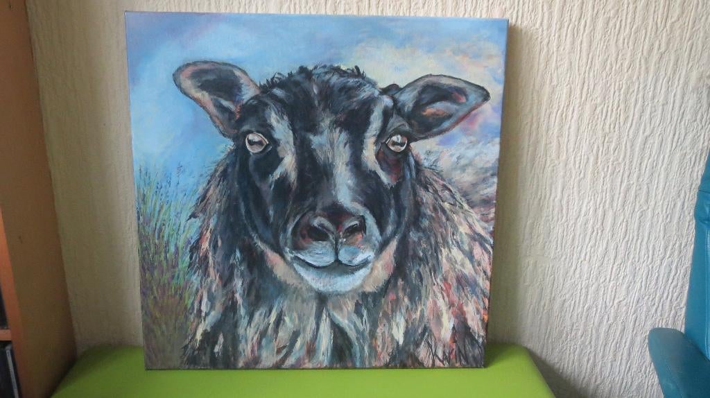 schilderij bruin schaap, acrylverf op doek, laag geprijsd, Verzenden