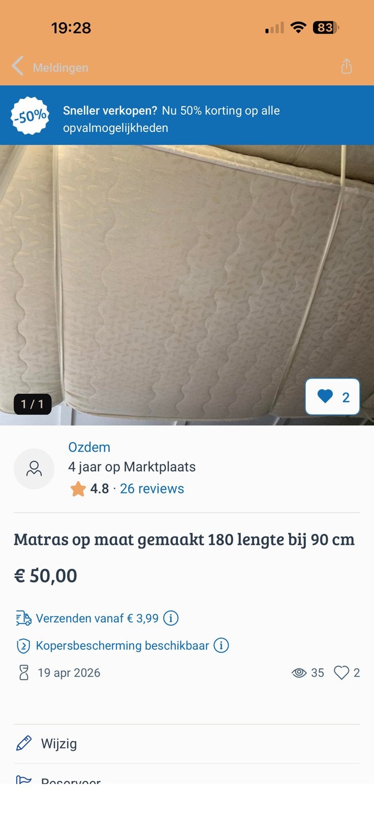Matras 1:80 cmbij 90 cm breed, Huis en Inrichting, Slaapkamer | Matrassen en Bedbodems, Eenpersoons, Verzenden, 190 cm of minder