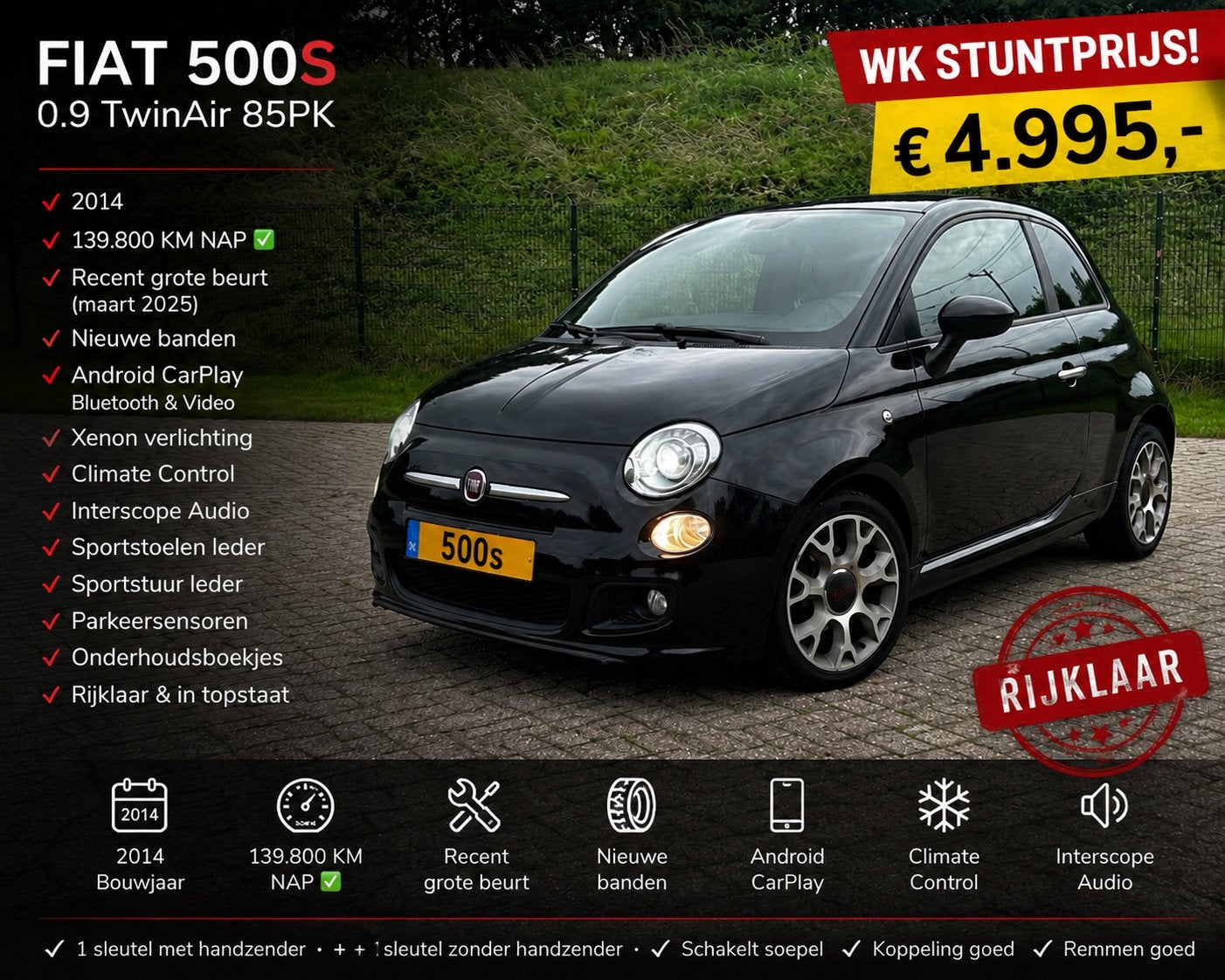 Fiat 500s 0.9 Twinair C ‘14|APK’Feb27|Carplay|ParkSens|NAP, Voorwielaandrijving, Leder en Stof, Origineel Nederlands, Bedrijf