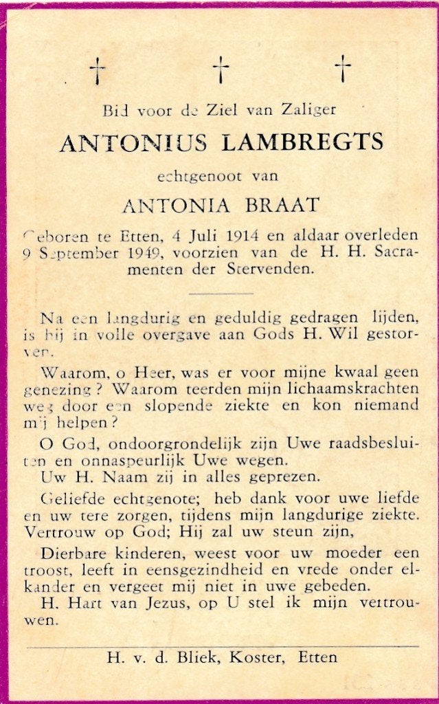 Lambregts Antonius 1914 Etten 1949, Ophalen of Verzenden, Bidprentje