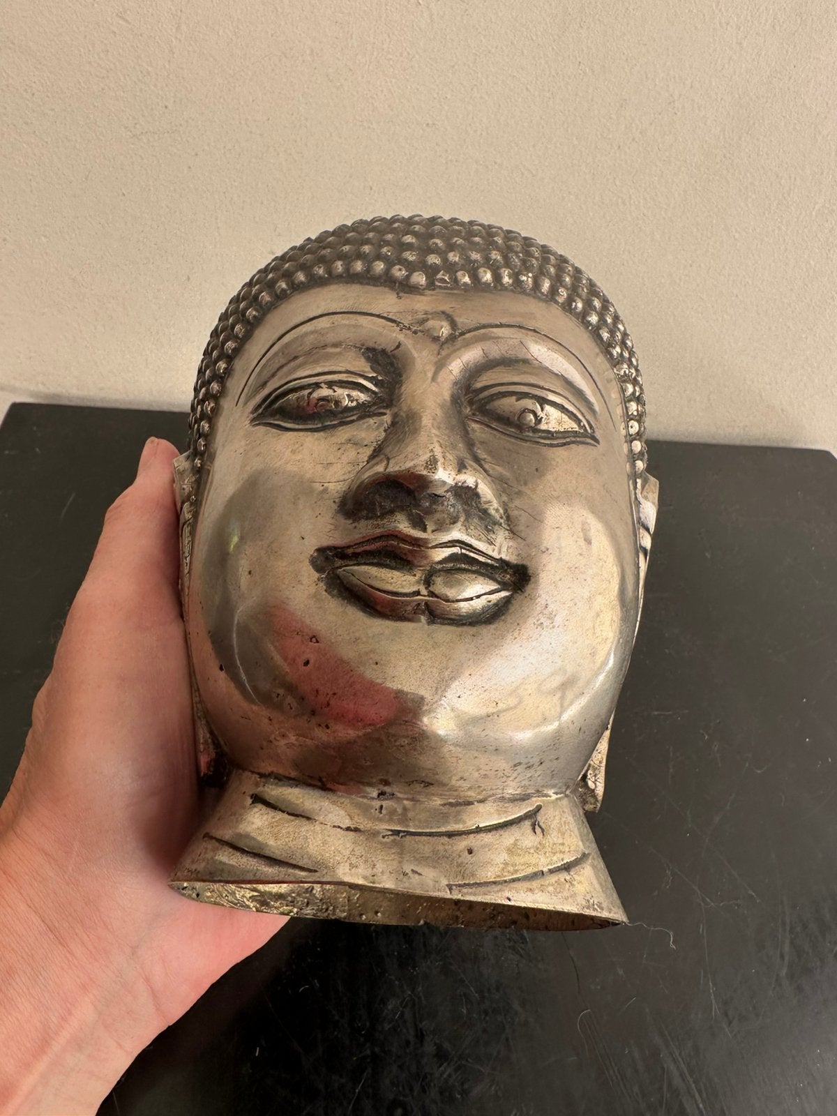 Groot oud verzilverd Boeddha hoofd 19 cm, Ophalen of Verzenden