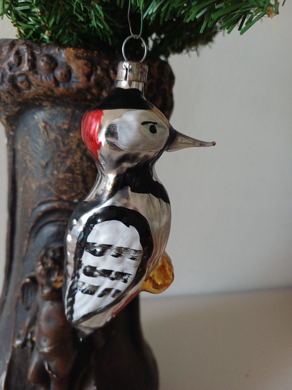 vintage kerstbal van glas vogel/specht, Diversen, Kerst, Ophalen of Verzenden