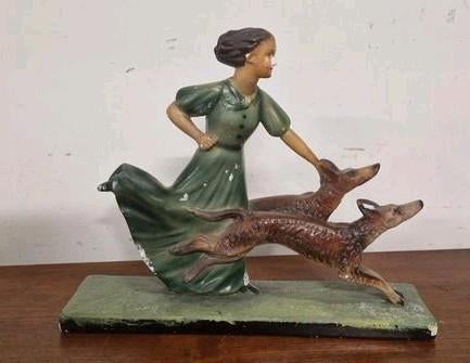vintage beeld vrouw met 2 honden, Ophalen, Huis en Inrichting