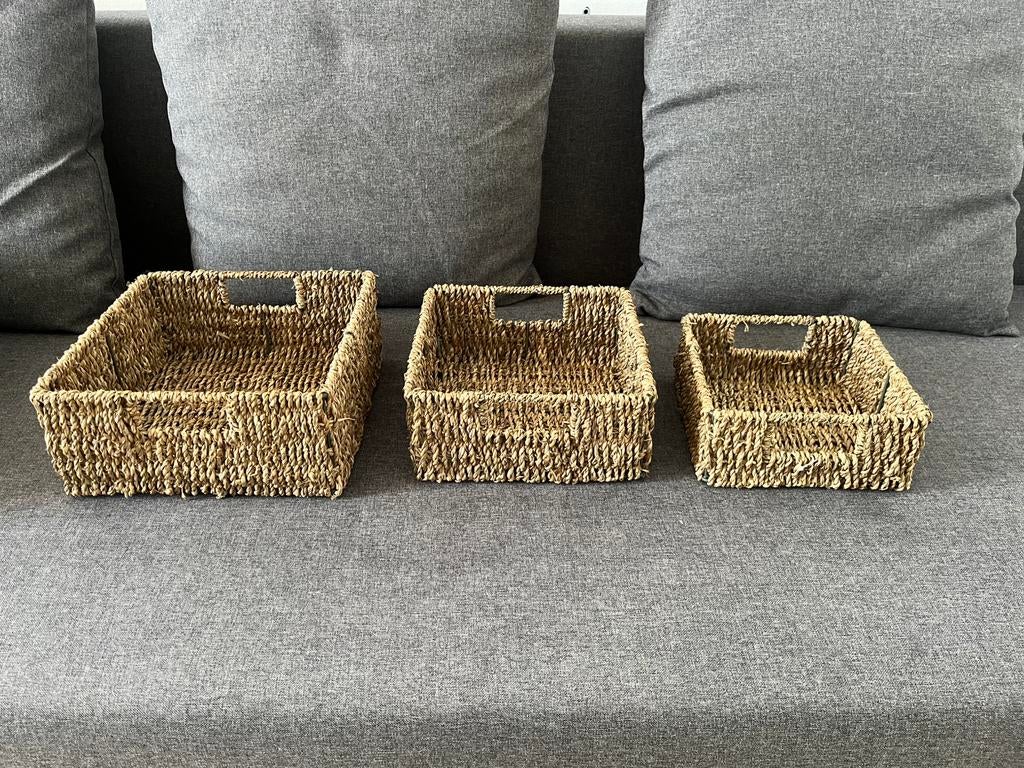 Vierkante rieten mand set, Huis en Inrichting, Woonaccessoires | Schalen en Manden, Ophalen, Zo goed als nieuw, Rechthoekig