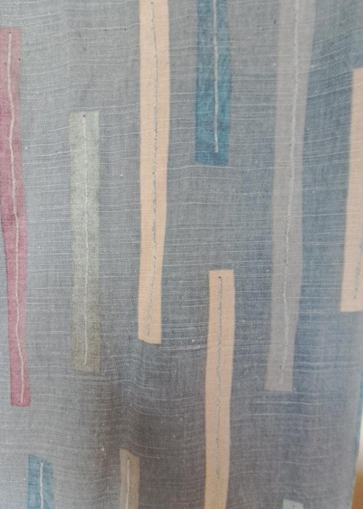 Leuke jeansblauwe gordijnen met kleurig motief, Ophalen, Met haken, Blauw, 340 cm