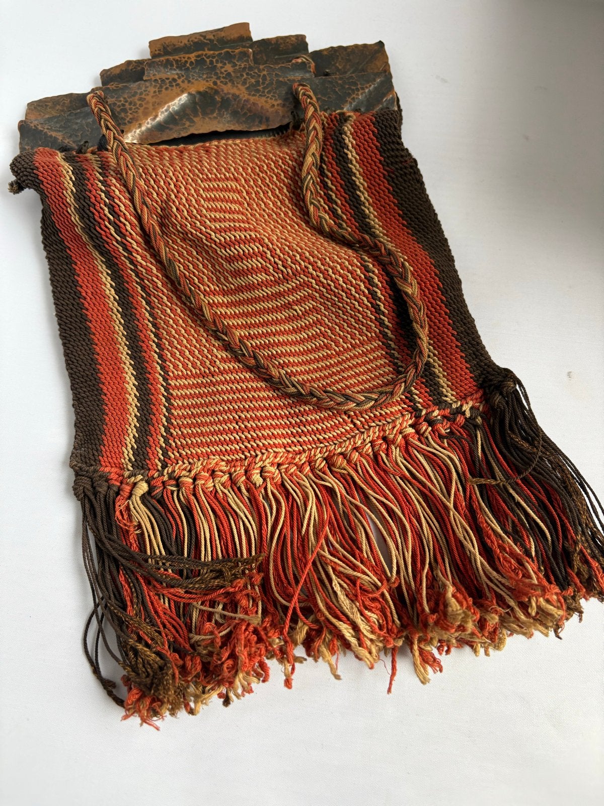 Vintage Boho Kilim Schoudertas met Koperbeslag Jaren '70/'80, Ophalen of Verzenden, Gebruikt, Oranje, Handtas