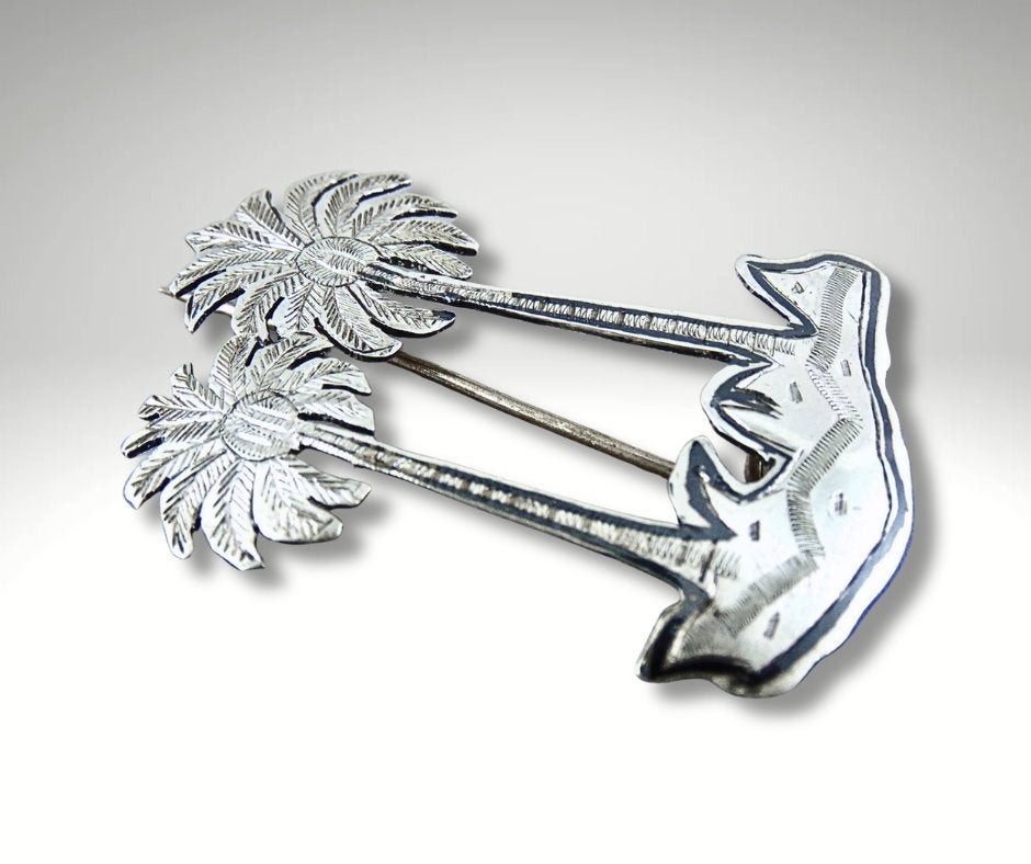 Antieke zilveren PALMBOMEN tropisch eiland broche!, 4 tot 7 cm, Verzenden, Zo goed als nieuw, X