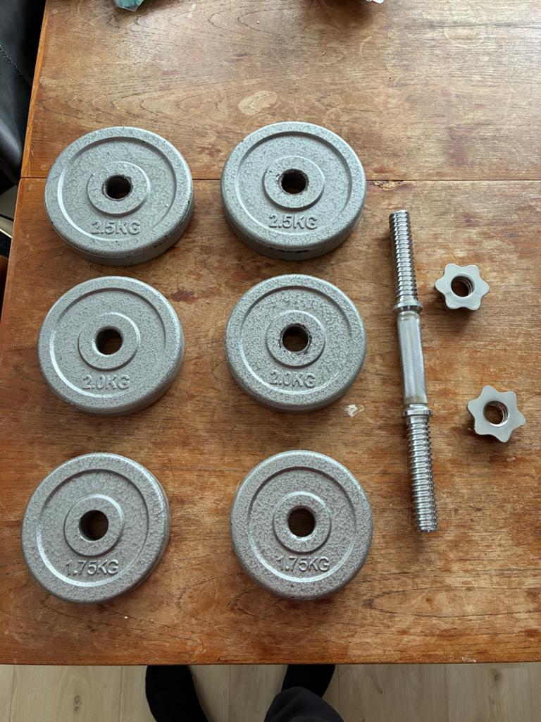 Dumbbell set met schijven (2x 2.5kg, 2x 2.0kg, 2x 1.75kg), Ophalen, Zo goed als nieuw, Armen, Halterset
