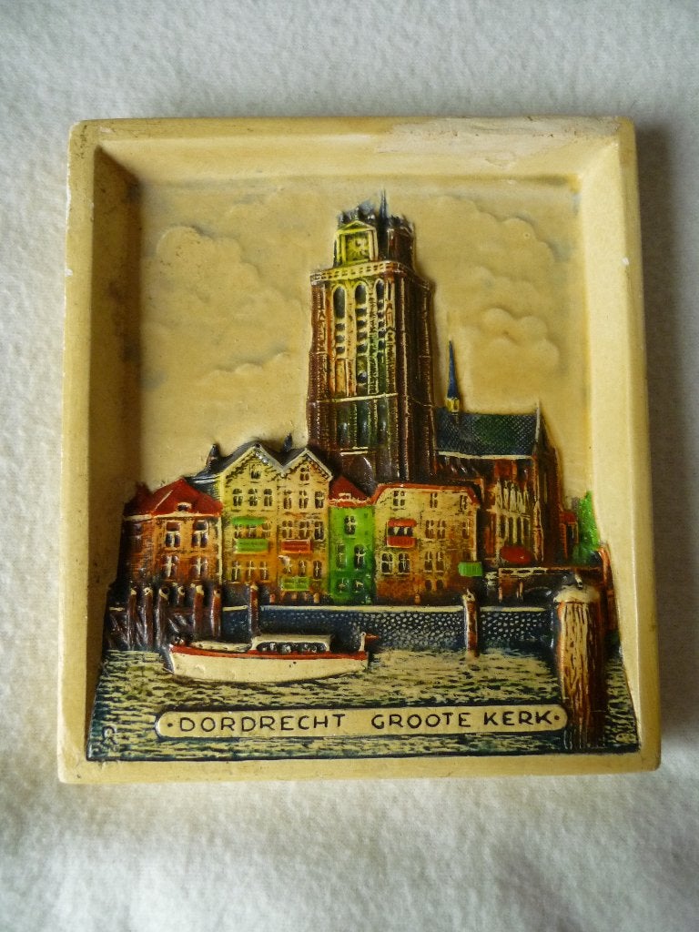 Wandtegel gips met relief afbeelding Groote Kerk | Dordrecht, Ophalen of Verzenden