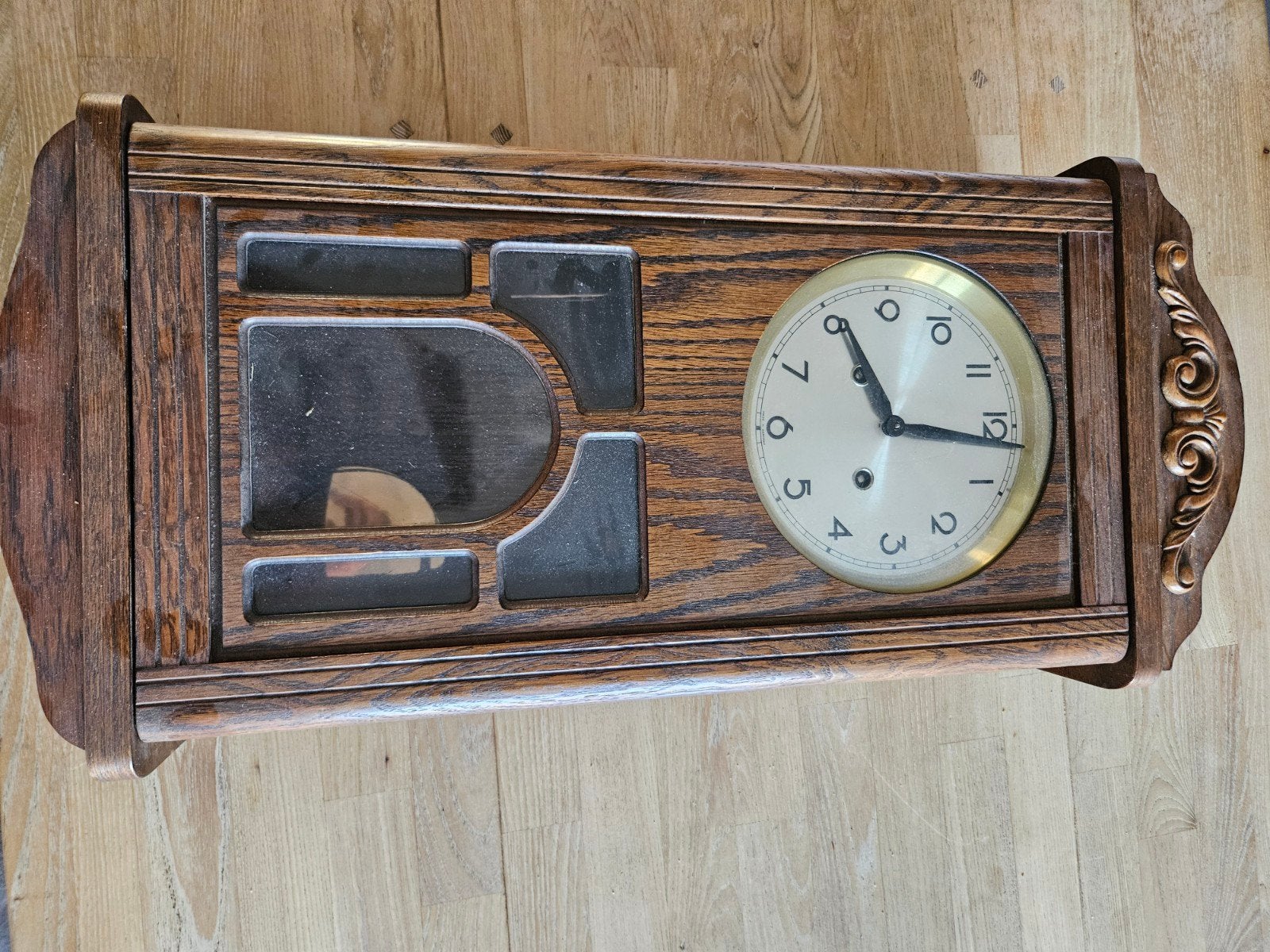 Antieke houten wandklok met slinger en sleutel, Ophalen of Verzenden