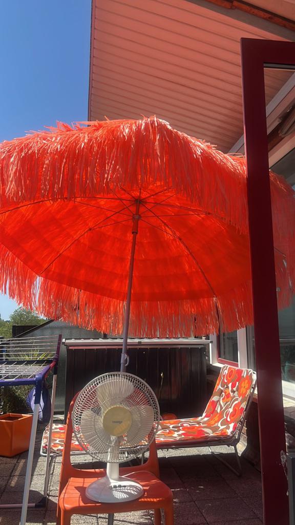 Jan Kurtz Hawaii Oranje parasol met franjes, Tuin en Terras, Parasols, Ophalen, Zo goed als nieuw, 1 tot 2 meter, Stokparasol