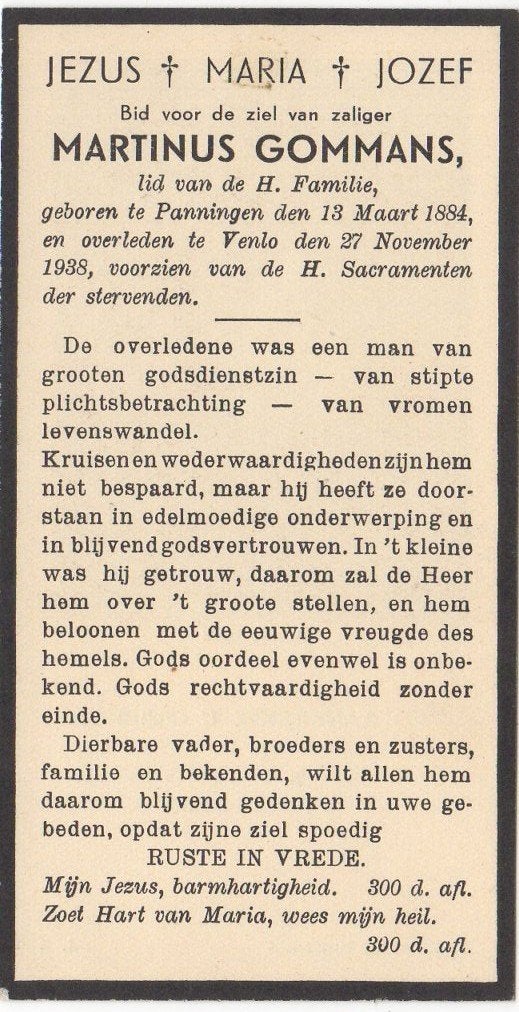Martinus Gommans 1884 Panningen + 1938 Venlo, 54 jaar oud, Verzamelen, Bidprentjes en Rouwkaarten, Verzenden