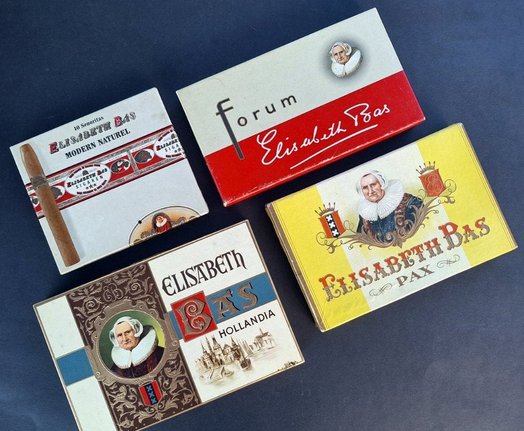 4x ELISABETH BAS BOXTEL, lege sigarendozen, Verzenden, Gebruikt, Tabaksdoos of Verpakking