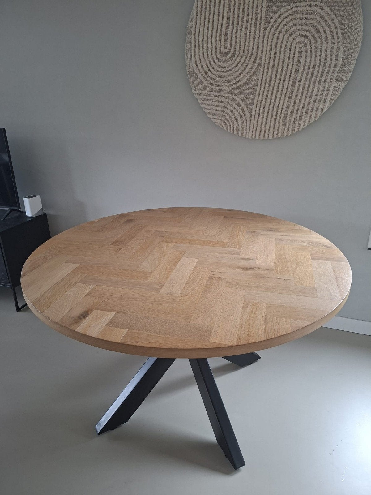 Gelamineerde ronde eiken tafel - Zo goed als nieuw, Ophalen, Zo goed als nieuw, 100 tot 150 cm, 100 tot 150 cm
