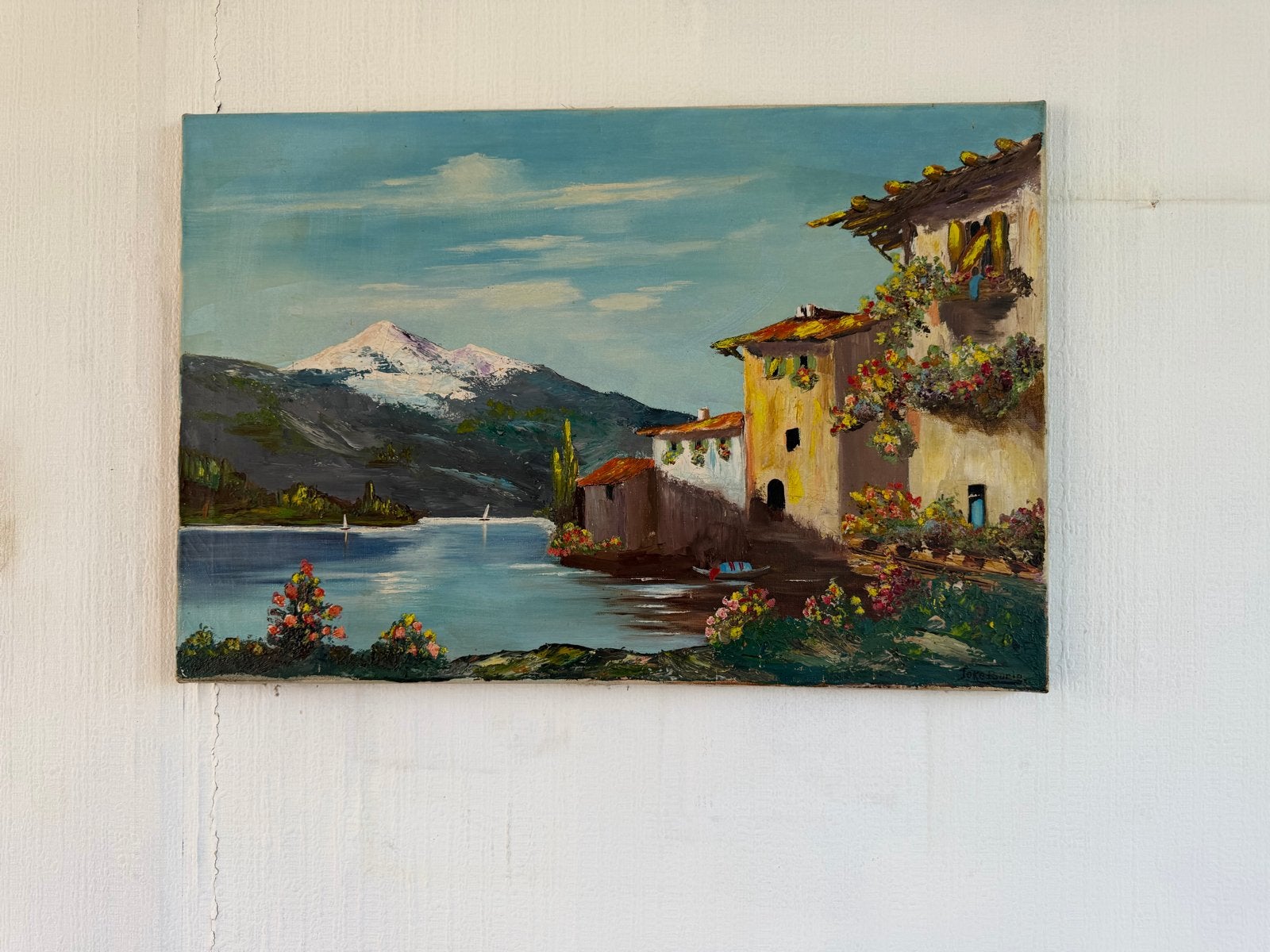 Schilderij: Berglandschap met meer en huizen, Ophalen, Doek, Realistisch, Olieverf