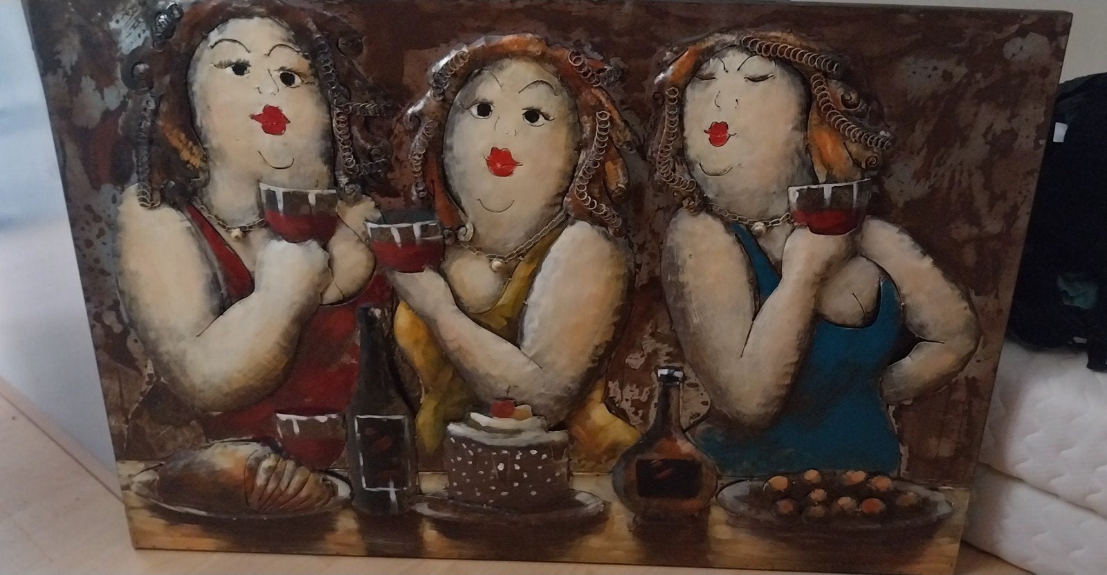3D Metaalschilderij '3 Dikke Dames' - 80x120cm Wanddecoratie, Antiek en Kunst, Ophalen, Groep mensen, Handgemaakt, Wanddecoratie