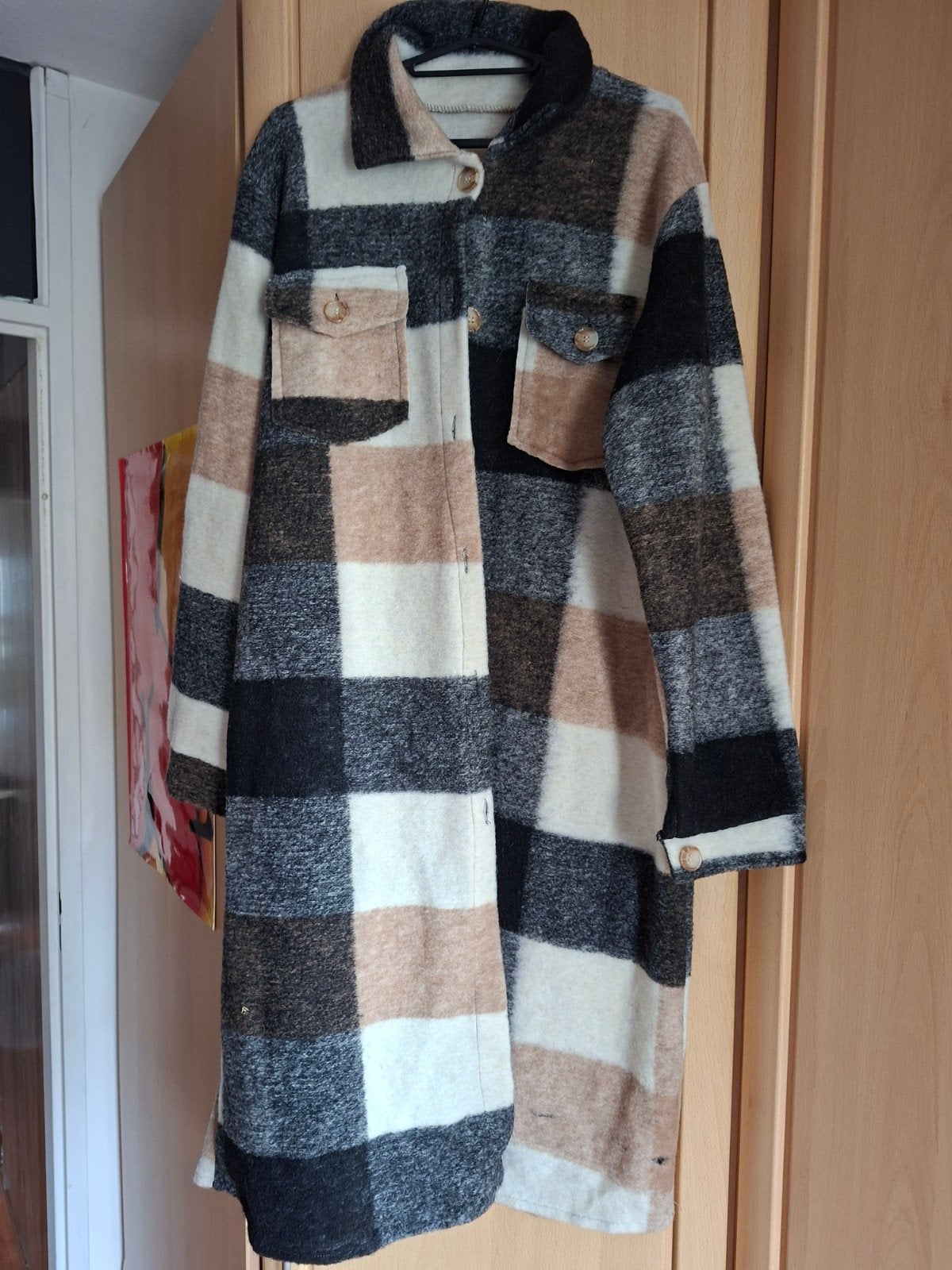 Lange geruite jas/shacket - Maat L- niet gedragen, Kleding | Dames, Jassen | Winter, Zwart, Maat 42/44 (L), Ophalen of Verzenden