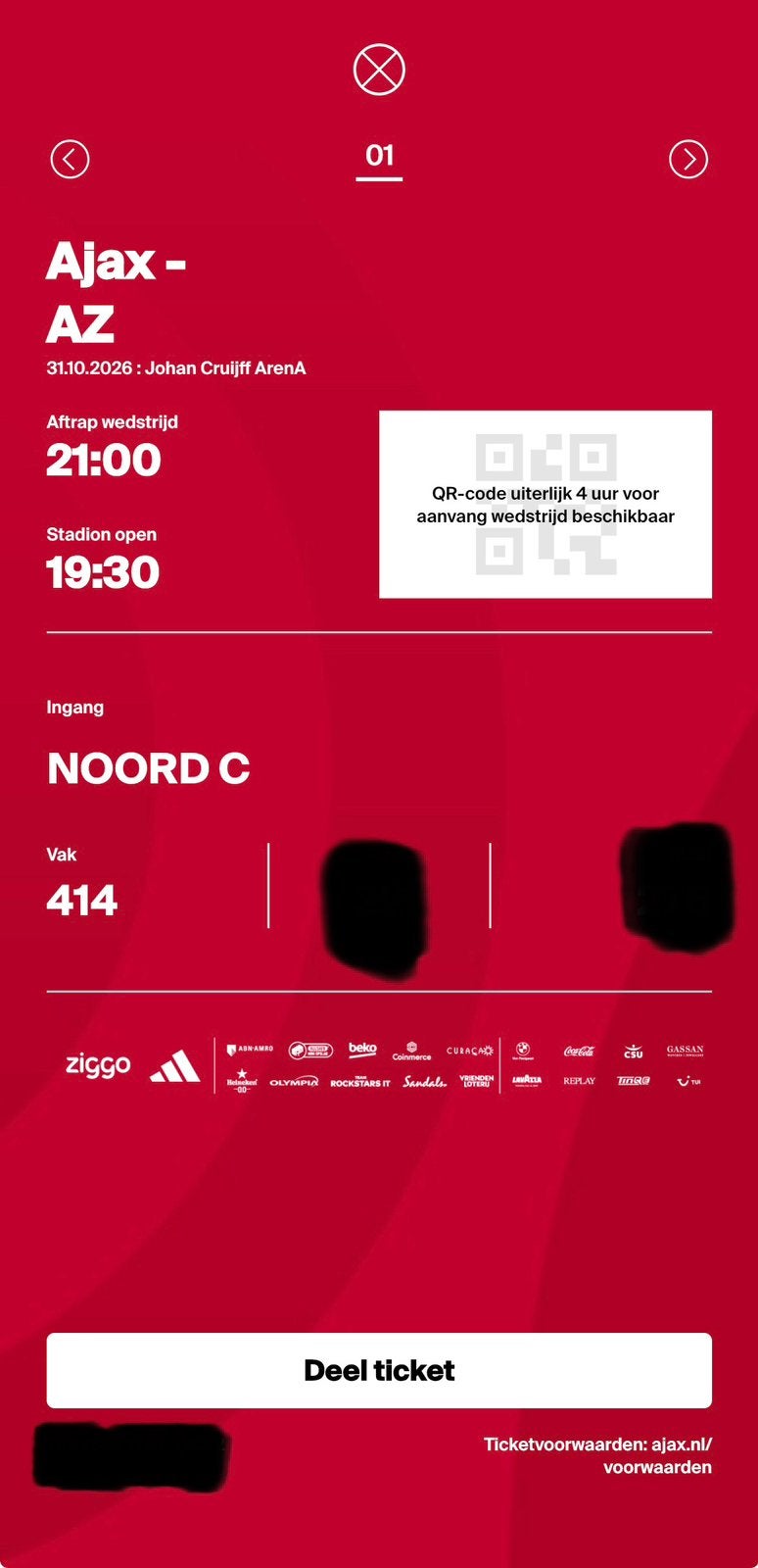 1 kaart Ajax - AZ te koop vak 414, Tickets en Kaartjes, Losse kaart, Eén persoon, Oktober