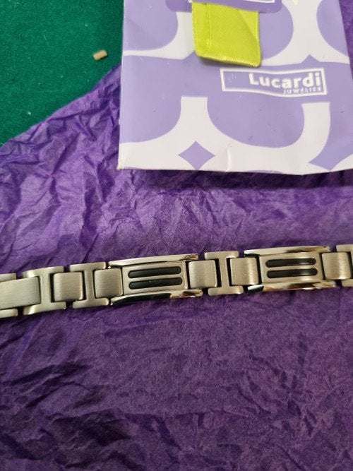 -	Herenarmband lucardi staal met zwarte kabel, Sieraden, Tassen en Uiterlijk, Ophalen of Verzenden, 'T Olde Gre-j, Info@toldegrej.nl
