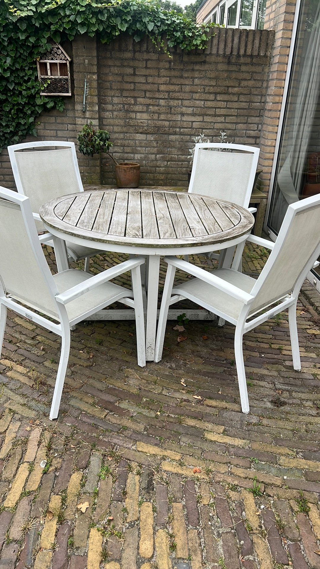Aluminium tuinset met teak tafelblad, Ophalen, 4 zitplaatsen, Gebruikt, Aluminium