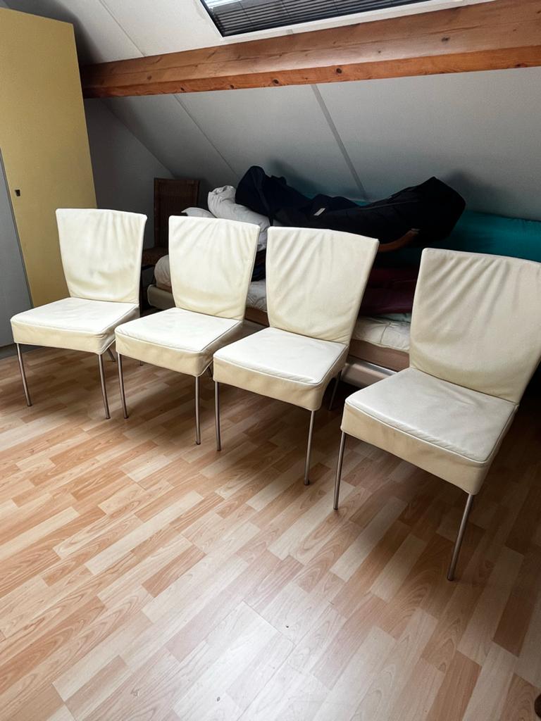 4 Montis Spica stoelen, offwhite leer, metalic onderstel., Huis en Inrichting, Stoelen, Ophalen, Gebruikt, Wit, Leer