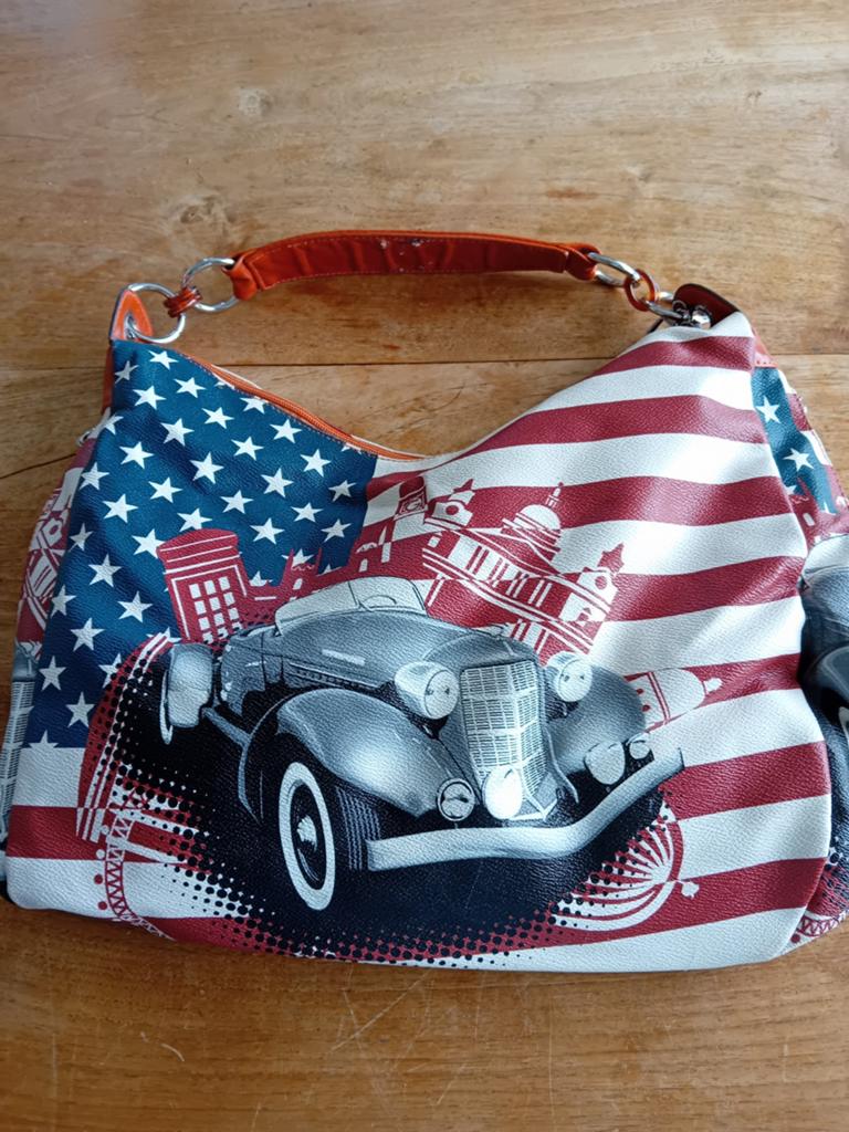 Unieke Handtas met Amerikaanse Vlag en Oldtimer Print, Sieraden, Tassen en Uiterlijk, Ophalen of Verzenden, Gebruikt, Overige kleuren
