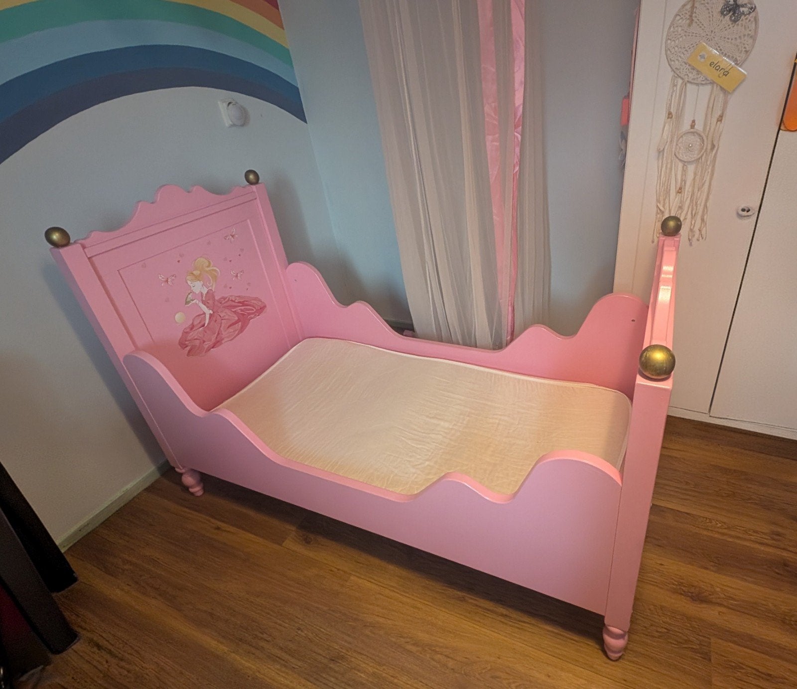 Prinsessenbed roze met matras en lattenbodem, Lattenbodem, Gebruikt, 70 tot 85 cm, 140 tot 160 cm