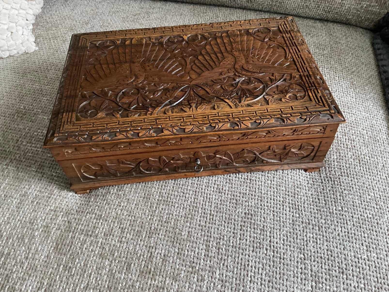 Antieke naaidoos palissanderhout houtsnijwerk, Ophalen of Verzenden