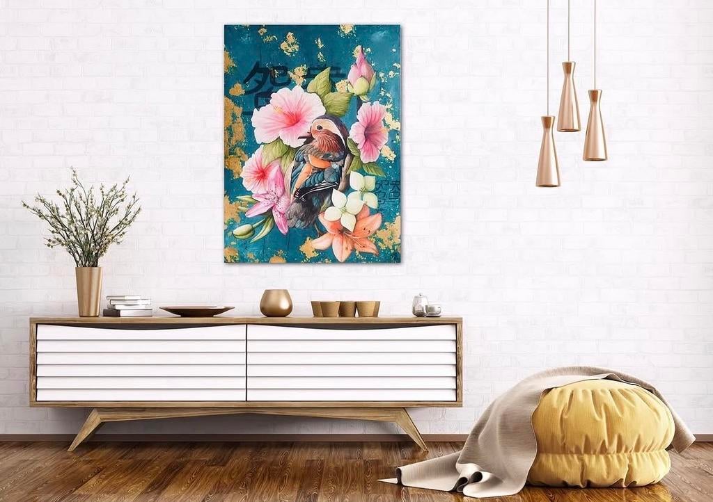 Handgeschilderd doek: Mandarijneend & bloemen (58,5x80cm), Ophalen of Verzenden