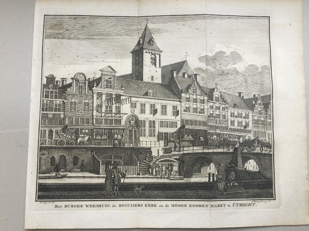 Utrecht, Oude Gracht, 3 gebouwen, 1750, Antiek en Kunst, Kunst | Etsen en Gravures, Stadsgezicht, Origineel, 16 cm, 20 cm
