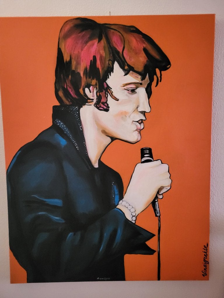 Elvis Presley op canvas, 89,5 x 70 cm, Ophalen of Verzenden, Zo goed als nieuw, Poster, Artwork of Schilderij, Gesigneerd