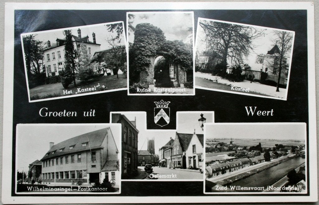 Weert, groeten uit met o.a. kasteel en postkantoor, Verzamelen, Ophalen of Verzenden, 1940 tot 1960, Gelopen, Limburg