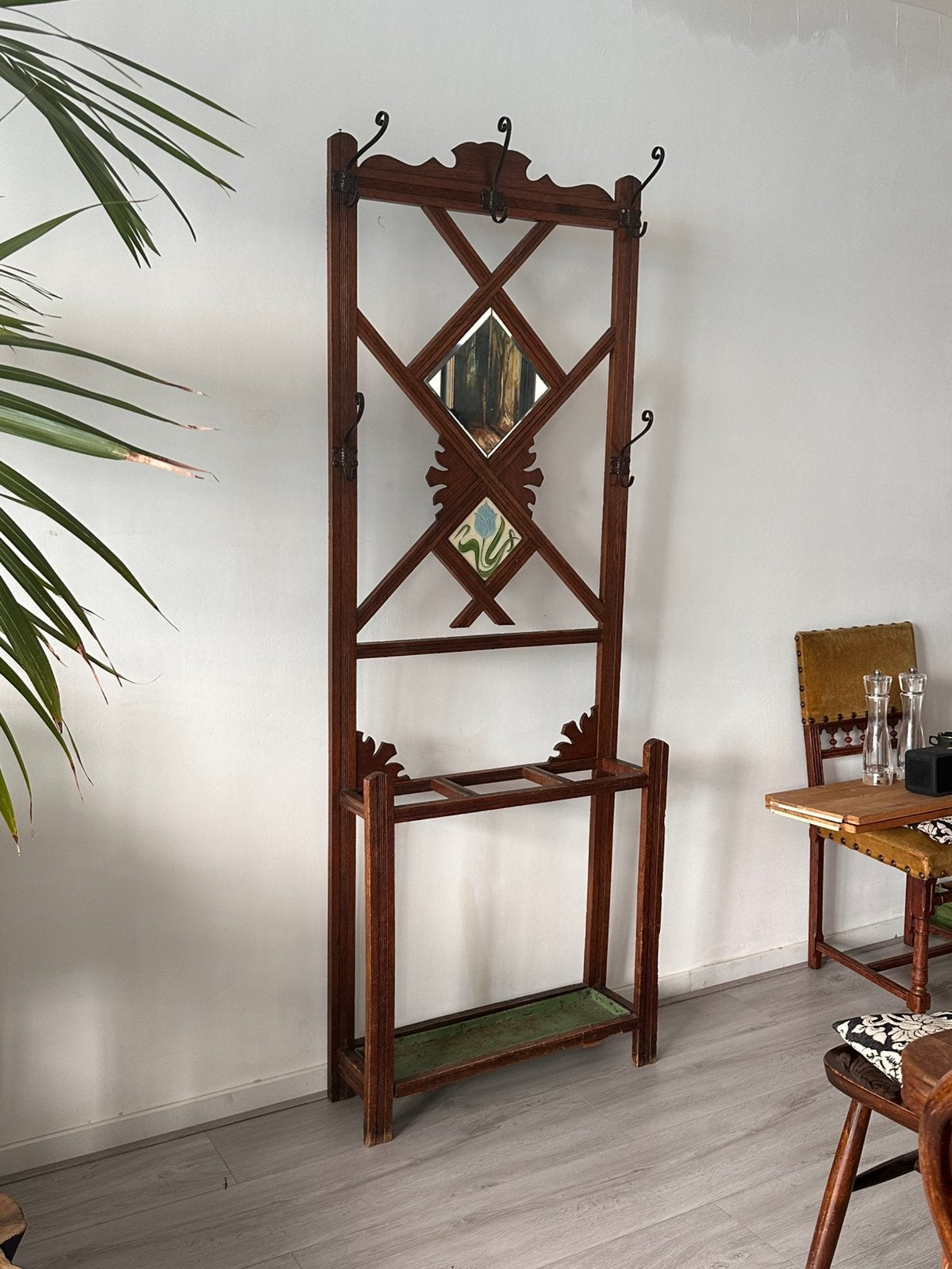 Antieke Art Nouveau kapstok met paraplubak Jugendstil, Gebruikt, Minder dan 100 cm, Hout, Ophalen