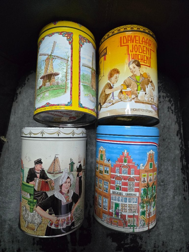 set 4 stuks vintage Davelaar blikken  Hoog 16 cm Ø 11 cm, Ophalen, Gebruikt, Koek(jes), Overige merken