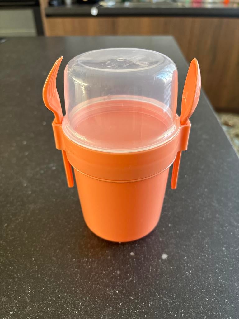 Handige Yoghurtbeker / Lunchpot met Bestek - Oranje, Ophalen, Zo goed als nieuw