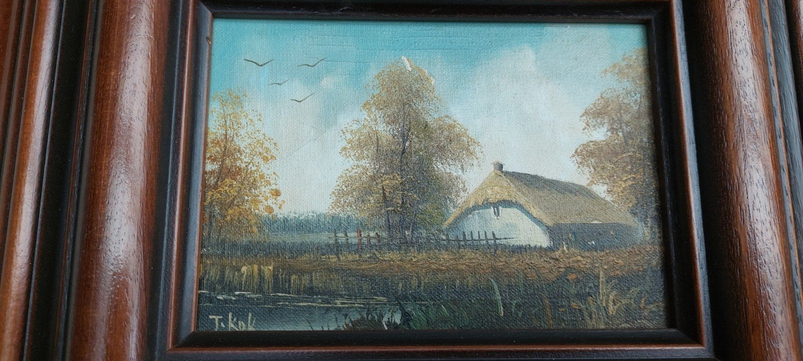 Schilderij van T. Kok: Hollands Landschap met Boerderij, Paneel, Oud hollands, Ophalen of Verzenden, Gemengde techniek