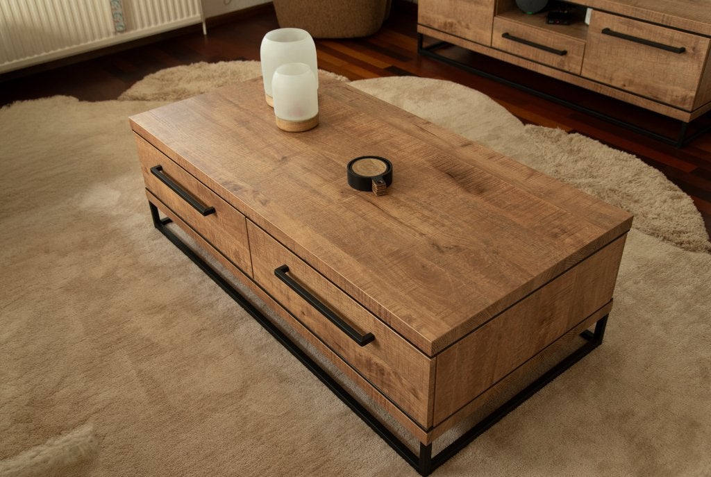 salontafel met mango hout en zwart frame, Ophalen, Mango hout met zwart frame, 100 tot 150 cm, 50 tot 100 cm