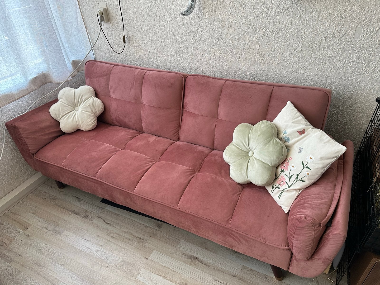 Oud roze velvet slaapbank met verstelbare rugleuning, Huis en Inrichting, Ophalen, Gebruikt, 90 cm, 210 cm