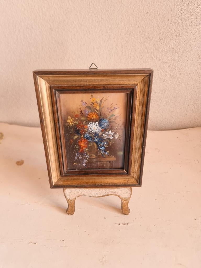 Oud olieverf schilderijtje olieverfschilderij bloemen R68, Ophalen of Verzenden