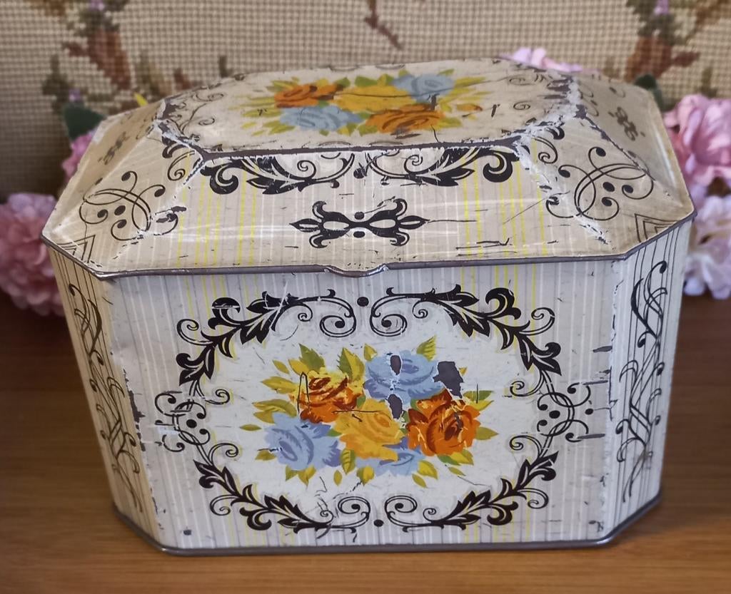 Mooi oud brocant blik, blauwe/gele/ orange bloemen, beige, Ophalen of Verzenden