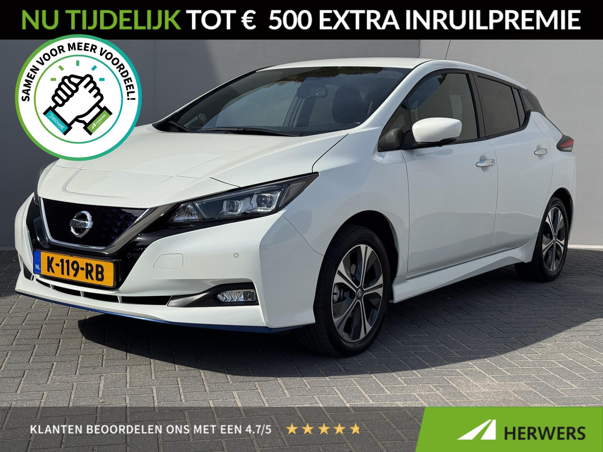 Nissan LEAF e+ N-Connecta 62 kWh / Eerste Eigenaar / Dealer, Auto's, Stof, Gebruikt, Wit, 62 kWh