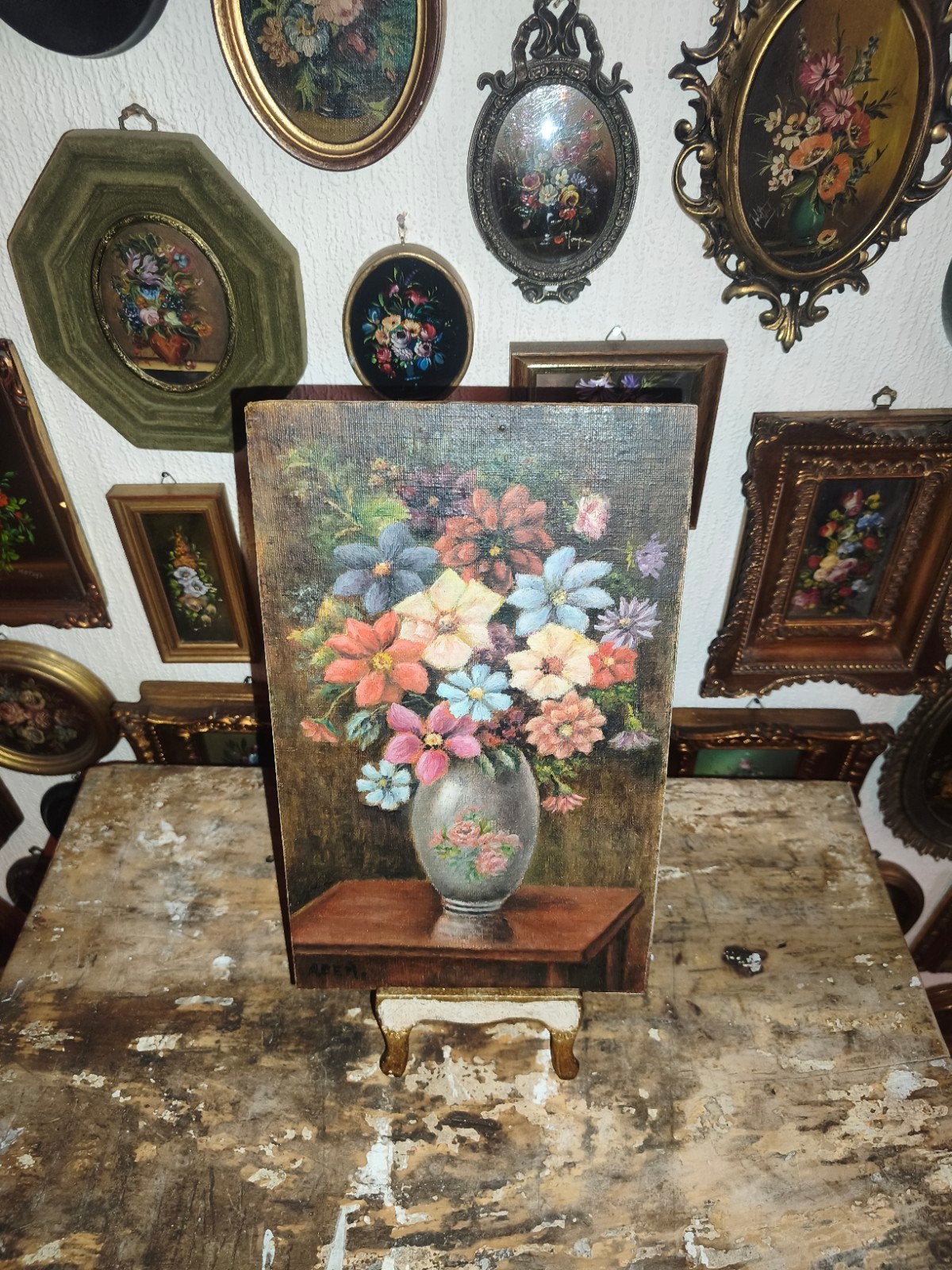 oud schilderijtje schilderij lijst stilleven bloemen Y8, Ophalen of Verzenden