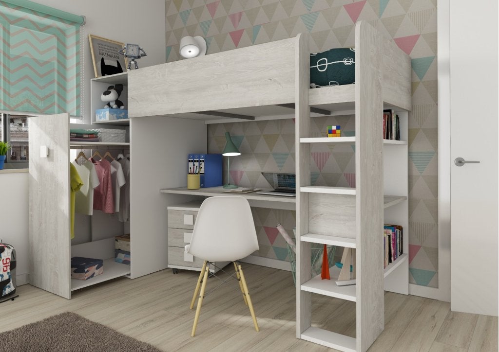 Jules hoogslaper plus met bureau en kast - 90x200 - Witgrene, Niet ingevuld, Niet ingevuld, Niet ingevuld