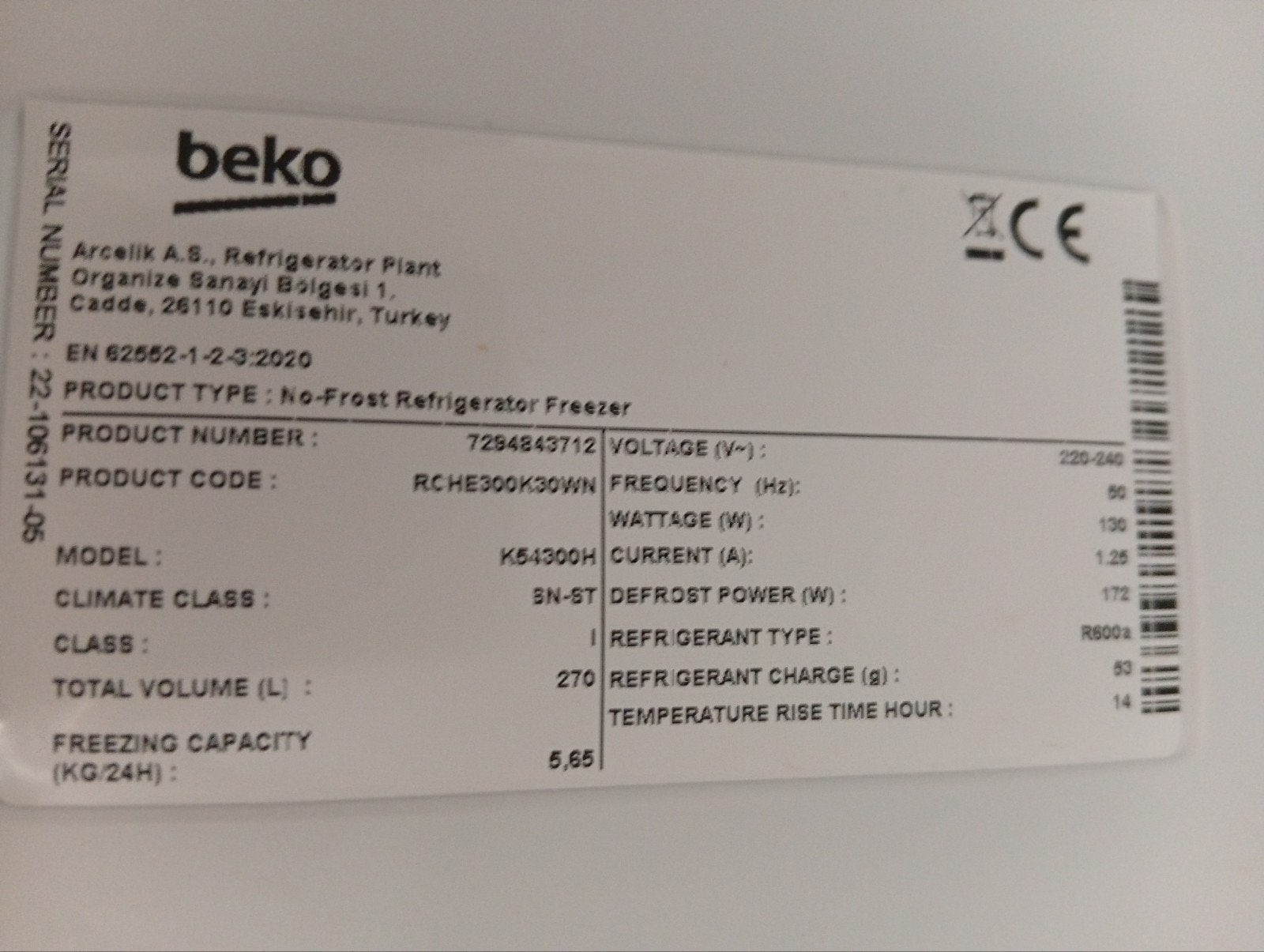 Beko K54300H No Frost koel-vriescombinatie, Witgoed en Apparatuur, Koelkasten en IJskasten, 200 liter of meer, 60 cm of meer, Met aparte vriezer