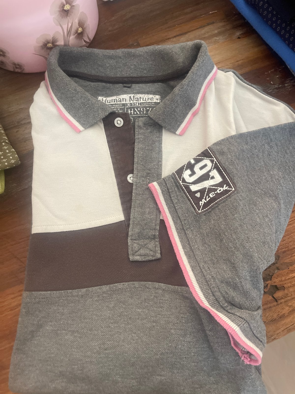 Human Nature Polo Shirt - Grijs/Wit/Bruin met Roze accent, Ophalen of Verzenden, Gedragen, Overige maten, Grijs
